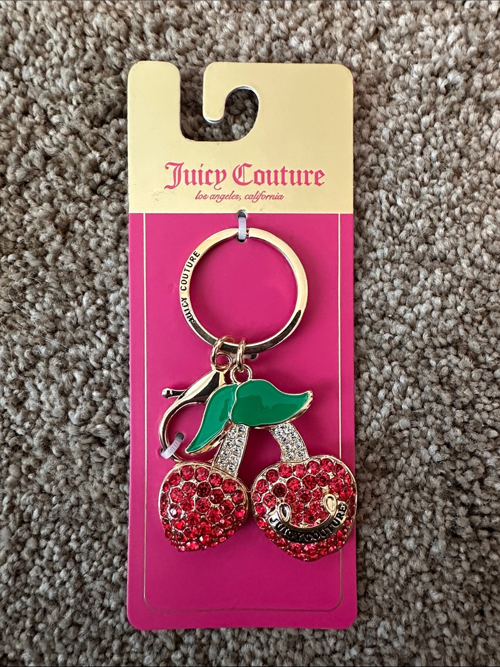 Juicy Couture Red Cherry Crystal Keyring with Green Enamel Leaves